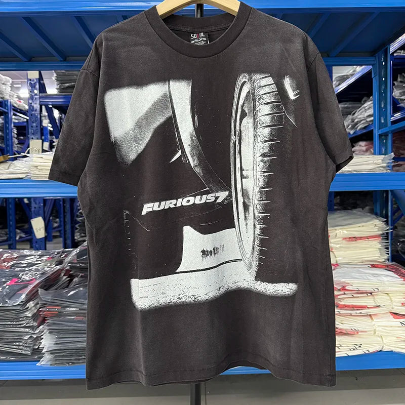 Washed Retro Film Pattern Print High Street Saint Oversized T Shirt Summer Men Casual Fashion Short Sleeve