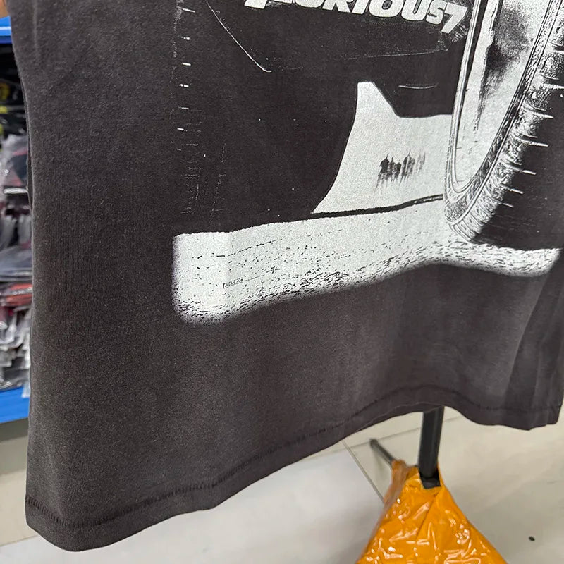 Washed Retro Film Pattern Print High Street Saint Oversized T Shirt Summer Men Casual Fashion Short Sleeve