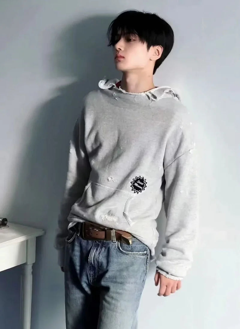 Ripped Series SAINT Grey Washed Embroidered Logo Hoodies Autumn Winter High Street Casual Men Women Pullover