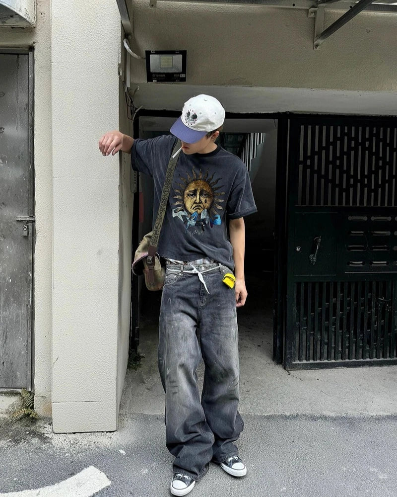 Vintage Bieber Sun Print Hip Hop Graphic T Shirts High Street Casual Cotton Men Summer Tee