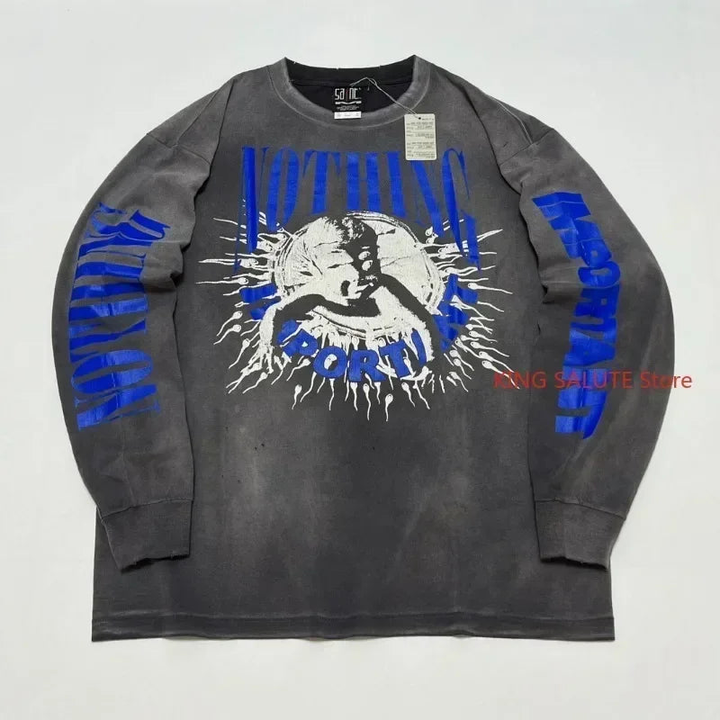 High Quality Saint Round Neck Soul Flame Vintage T Shirt Men Street Fashion Flame Word Long Sleeve