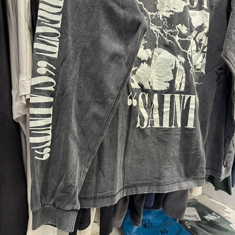 Washed Black SAINT TEMPEST Letter Vintage T Shirt High Street Casual Men Women Long Sleeve Harajuku