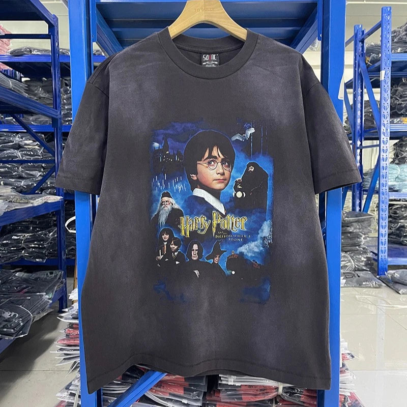 Washed Retro Film Pattern Print High Street Saint Oversized T Shirt Summer Men Casual Fashion Short Sleeve