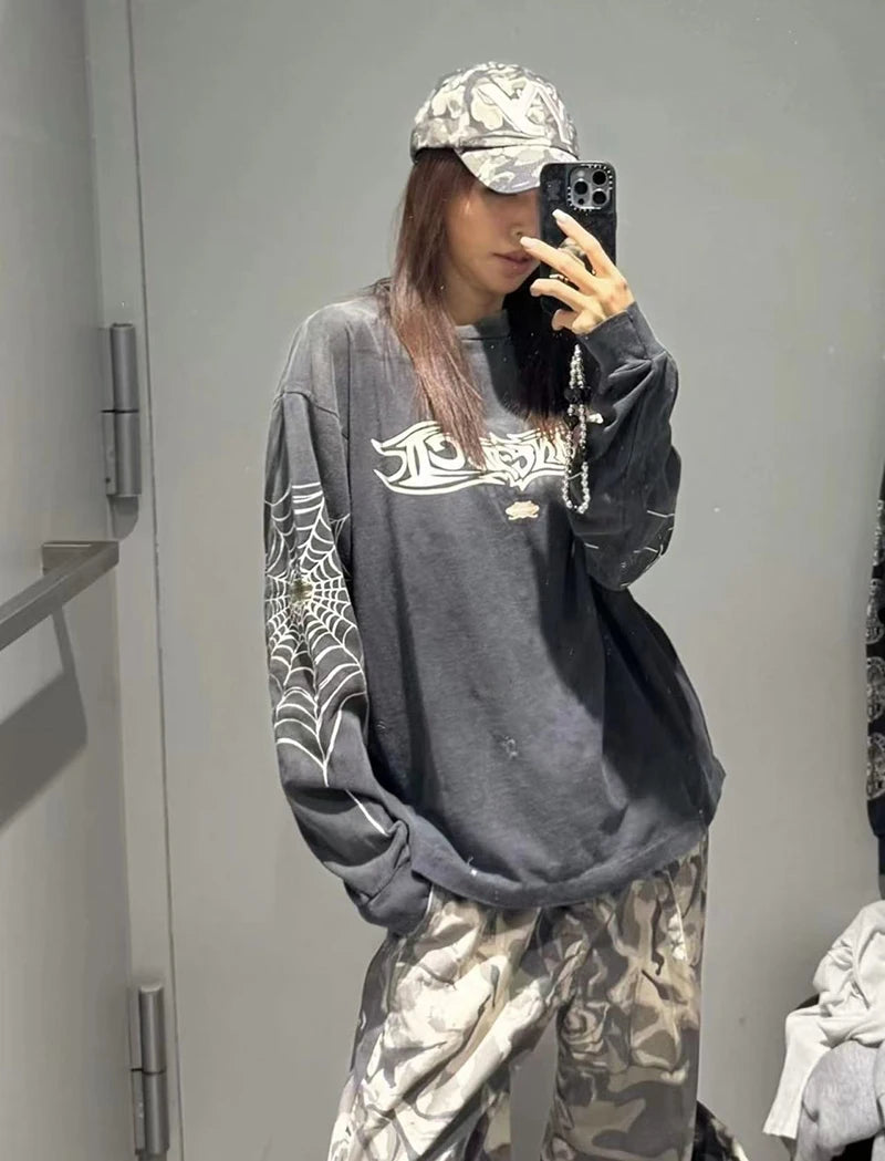 Vintage Hip Hop Street Saint High Quality Letter Print Hole Washed T Shirt Men Loose Fashion Long Sleeve DISCO