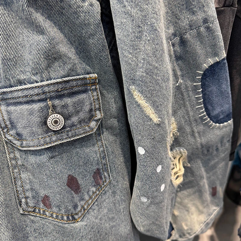 Harajuku Saint High Quality Vintage Damage Distress Ripped Denim Jacket Casual Men Women Fashion BBJ Versatile Coat