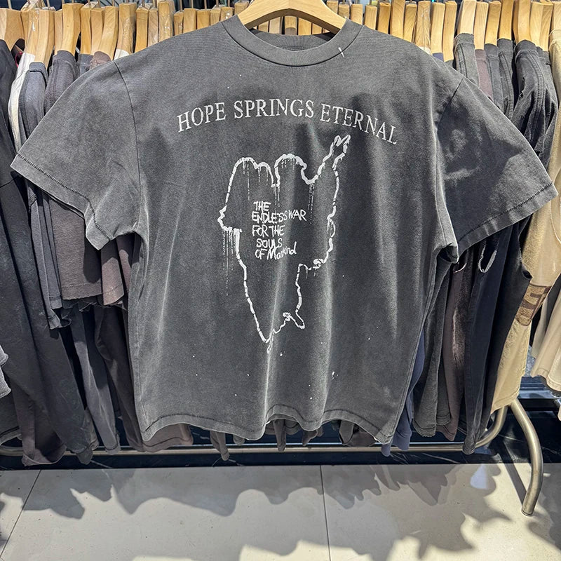 Harajuku Summer Saint Loose Round Neck HOPE SPRINGS Letter Print T Shirts for Men Streetwear
