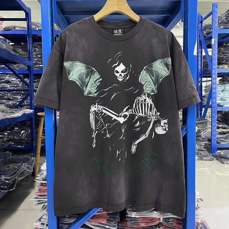 Street Fashion The Eternal Saint Letter Cartoon Skulls Print T Shirt for Men Summer Hip Hop Rap Loose Short Sleeve