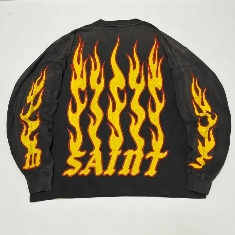 High Quality Saint Round Neck Soul Flame Vintage T Shirt Men Street Fashion Flame Word Long Sleeve