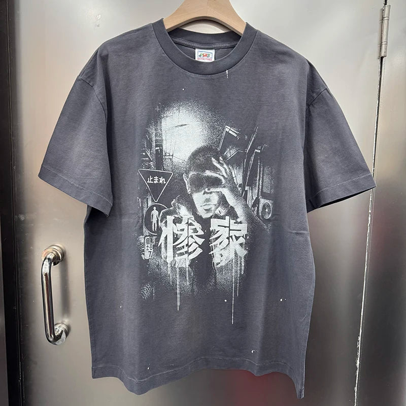 Splashed Ink SAINT Round Neck Loose Character Pattern Print Japan Style Vintage T Shirt