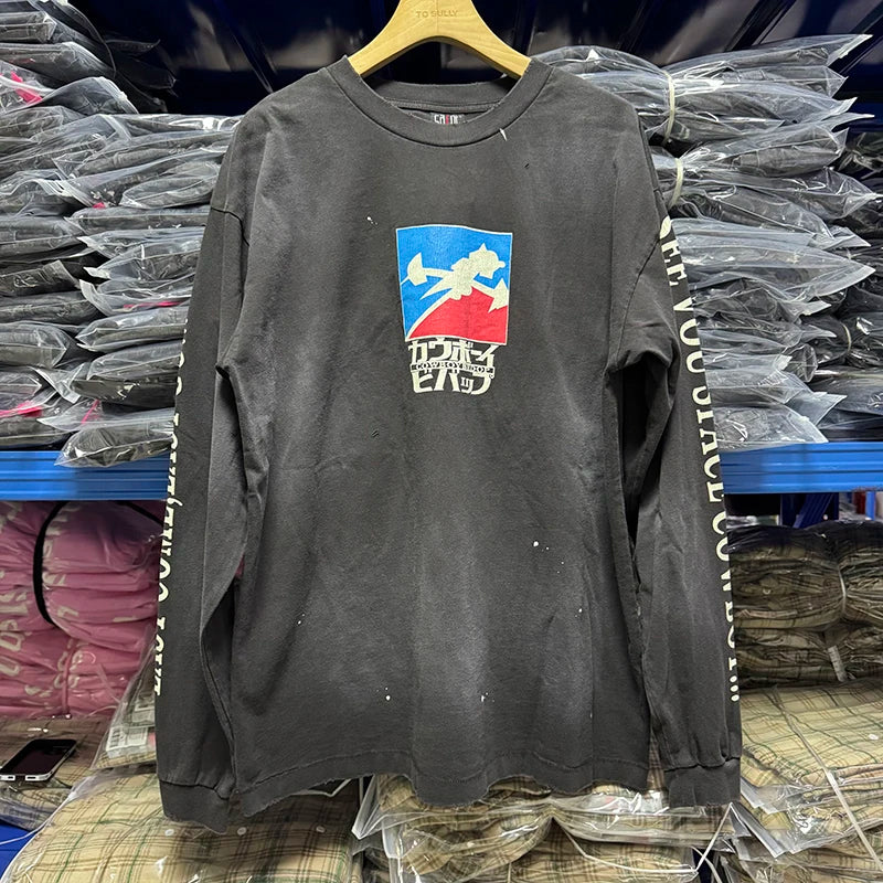 Autumn Retro Series Saint Three Inch Nail Blue Oversized T Shirt High Quality Cotton Men Women Fashion Long Sleeve Streetwear