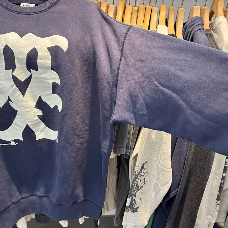 Retro Blue Sets Saint O-Neck Washed Simple Fashion Sweatshirt Loose Men