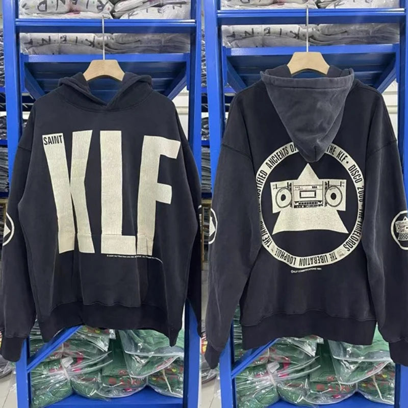 Best Quality Saint Washed White Print KLF Black Hoodies for Men Crack Pattern Trendy Street Pullover