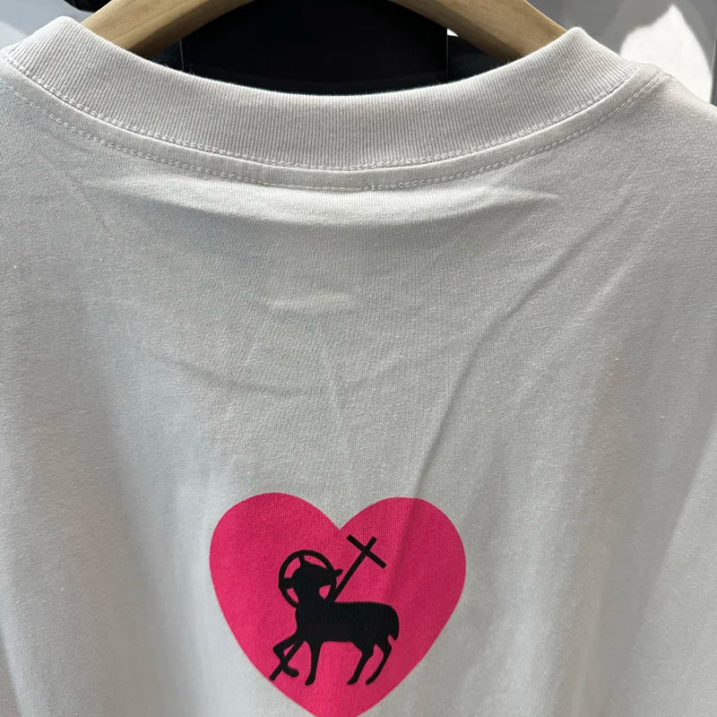 Pink Heart-shaped Saint Round Neck Oversized T Shirt High Street Casual Men Women 1:1 Summer Tees Aries Pattern