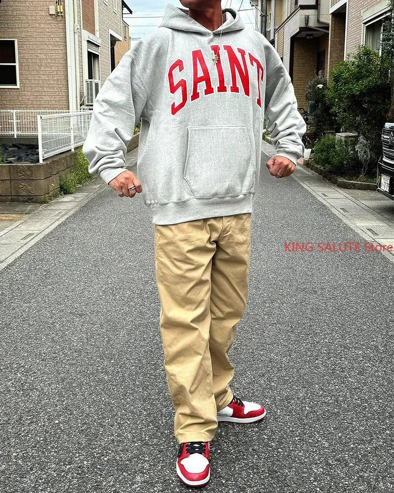 Fashion Grey Saint Vintage Hoodie High Street Casual Men Women 1:1 Winter Tops Best Quality