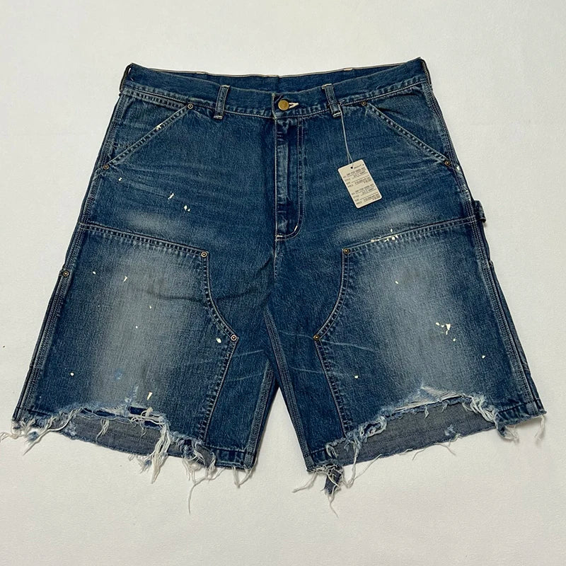 25ss Summer New Saint Washed Splash-ink Shorts for Men High Street Fashion Tassel Style Jeans Best Quality