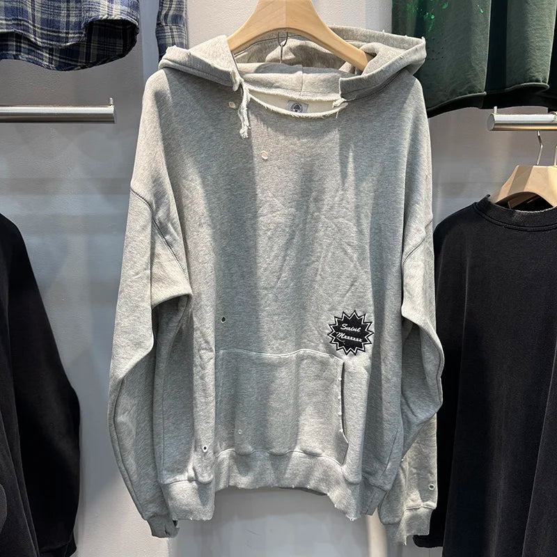Ripped Series SAINT Grey Washed Embroidered Logo Hoodies Autumn Winter High Street Casual Men Women Pullover