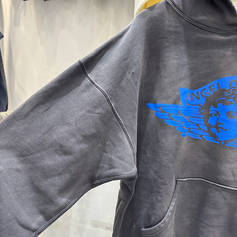 Vintage Washed SAINT Blue Angel Rebirth Hoodies Top Quality Crack Print Thick Sweatshirt Streetwear Men