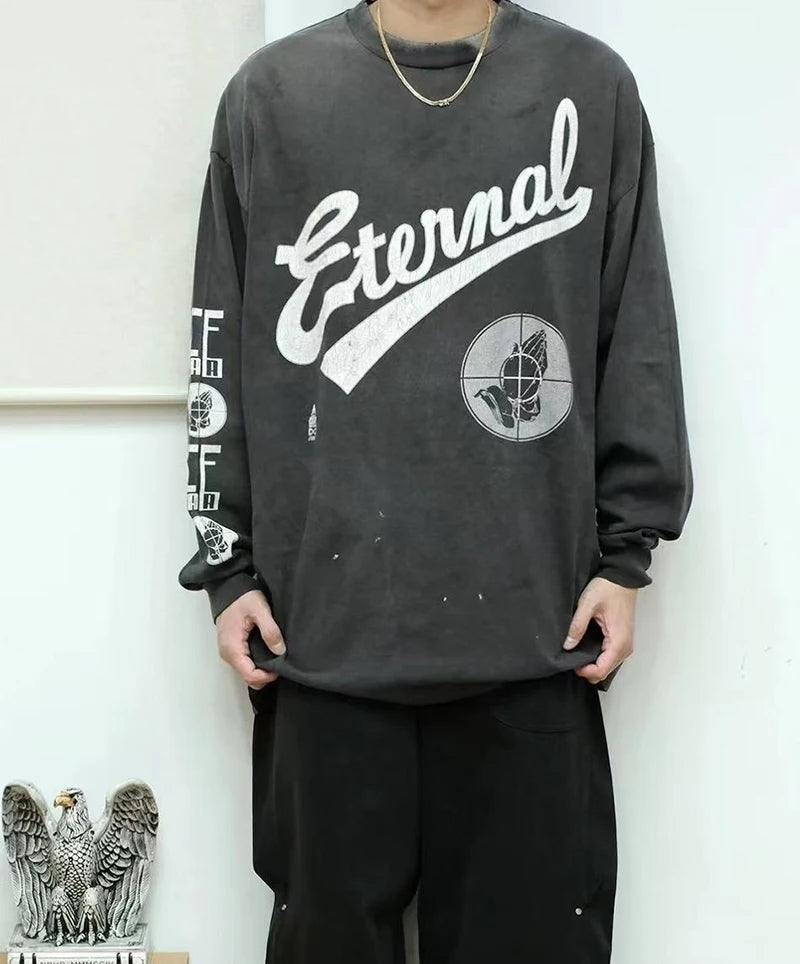 Vintage Saint Prayer Printed Graphic T Shirts High Street Casual Men Women Loose Fashion Long Sleeve