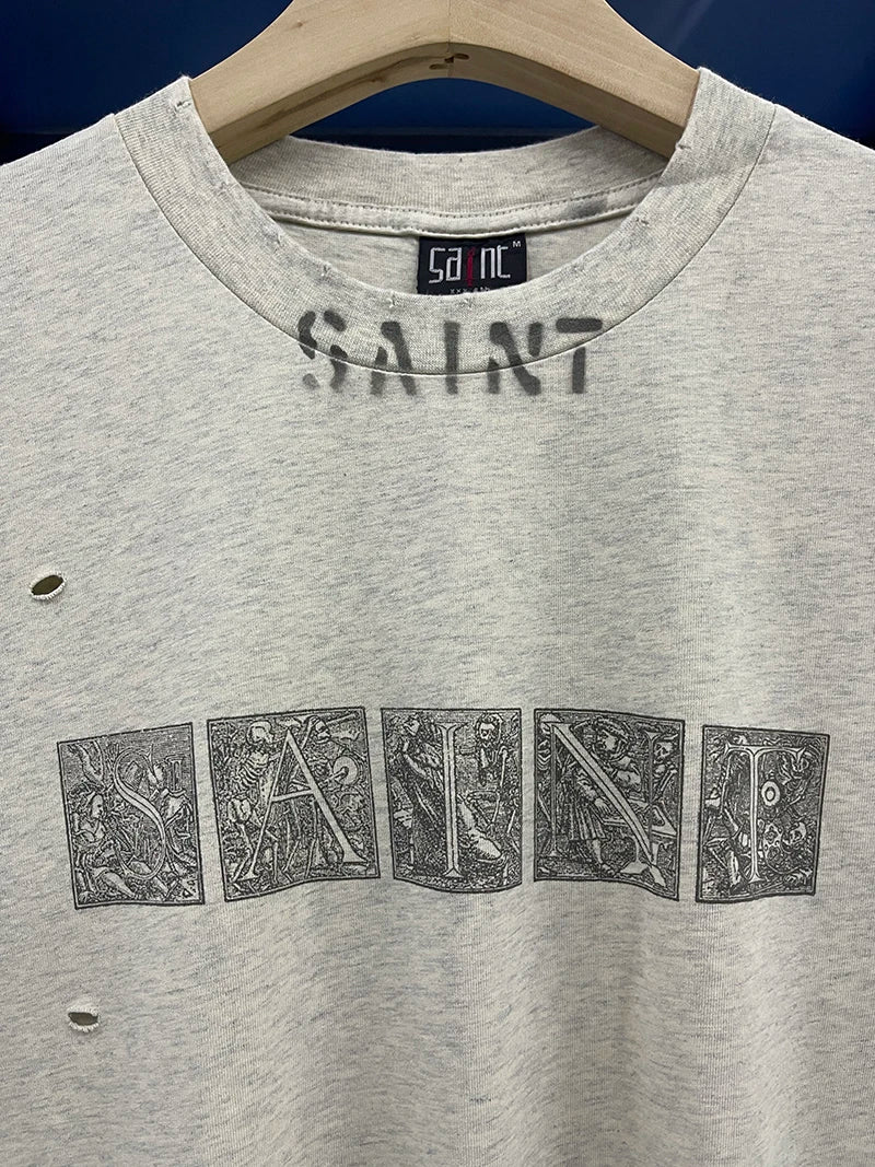 Vintage Casual Saint X Tears Graffiti Hole Breaking Style Skulls Print Graphic T Shirts Streetwear Men