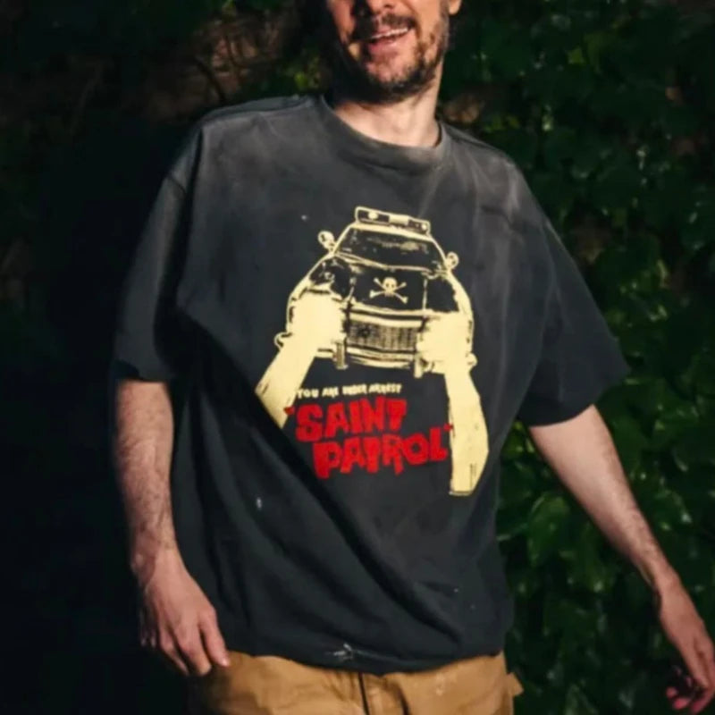 SAINT PATOROL Vintage Round Neck Oversized T Shirt Car Printed Skulls Logo High Street Casual Men Women Short Sleeve Streetwear