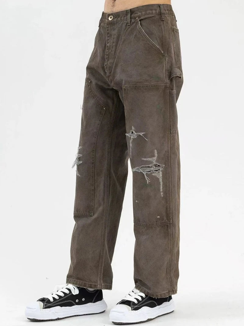 Khaki Saint Safari Style Mens Pants High Quality Heavy Fabric Washed Ripped Splash-ink Vintage Straight Casual Pants