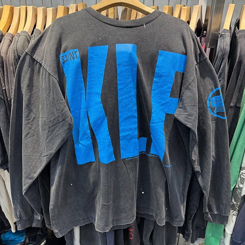 Autumn Winter Long Sleeve Saint Series Vintage Trend Sky Blue T Shirt High Street Casual Men Women Distressed Tops