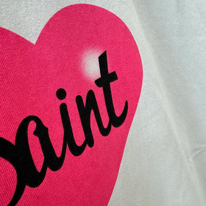 Pink Heart-shaped Saint Round Neck Oversized T Shirt High Street Casual Men Women 1:1 Summer Tees Aries Pattern