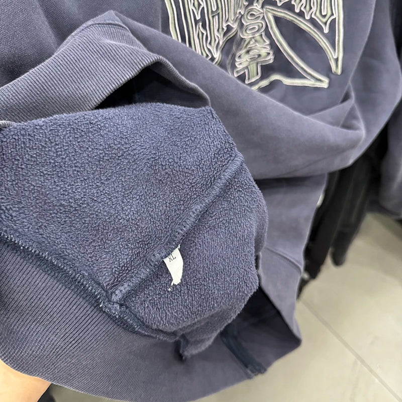 Street Fashion West Coast Letter Embroidery American Style Casual Vintage Purple Blue Hoodie Washed Thicken Zipper Coat Men