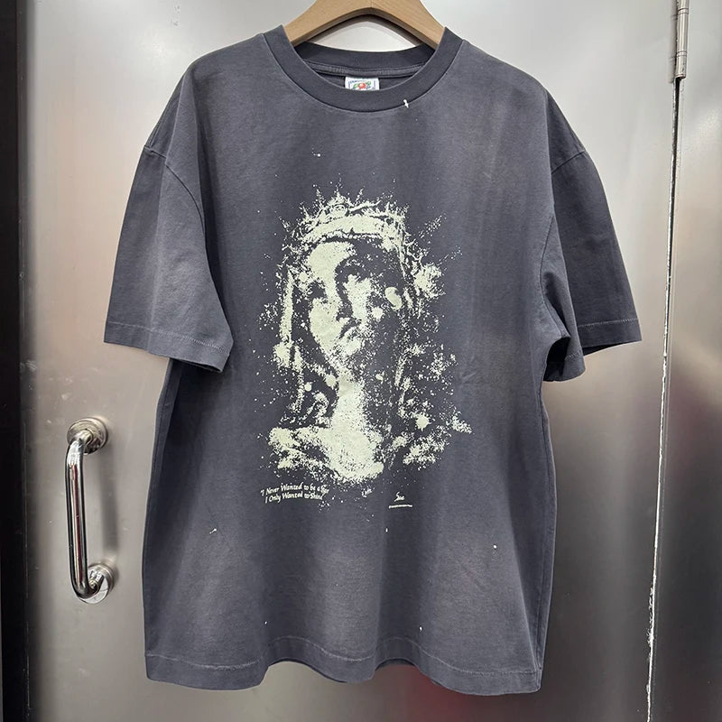 Luminous Series Saint Vintage Loose Short Sleeve Goddess Print T Shirts for Men Summer Street Fashion
