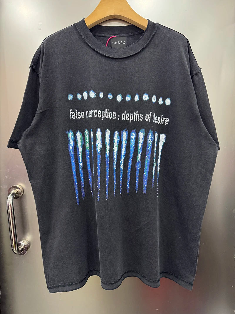 FALSE Crystal Series Vintage Blue Flame Oversized T Shirt High Quality Cotton Men Women 1:1 Fashion Short Sleeve Streetwear