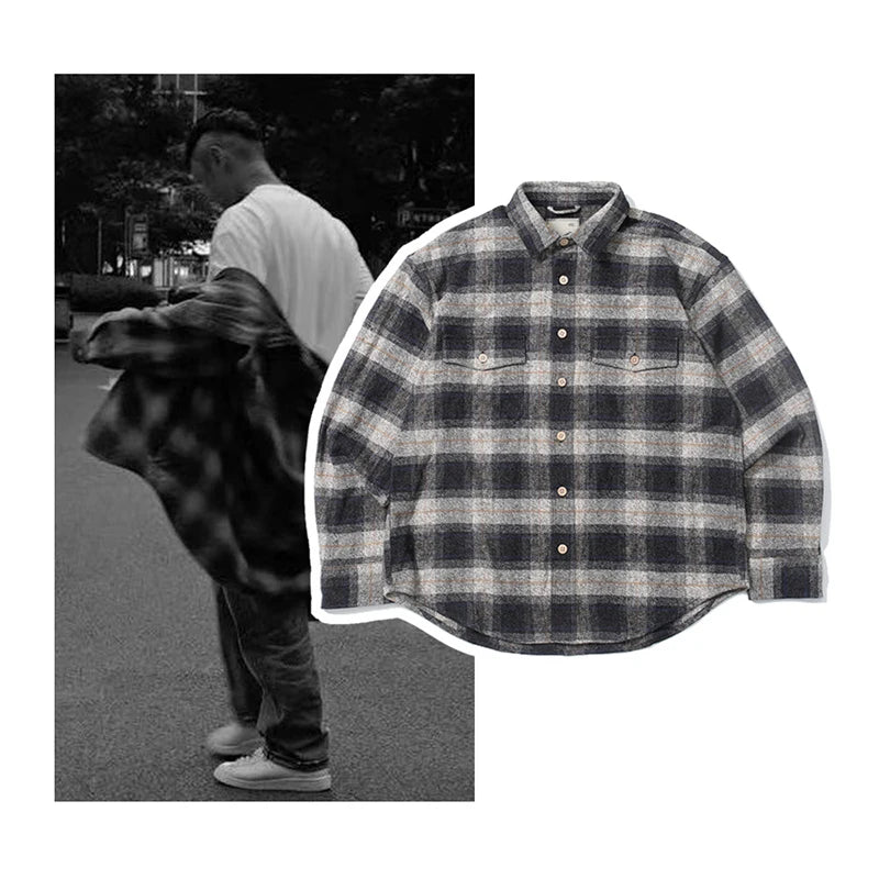 MADNESS Pure Cotton Thick High Quality Black Plaid Men Shirt Street Fashion