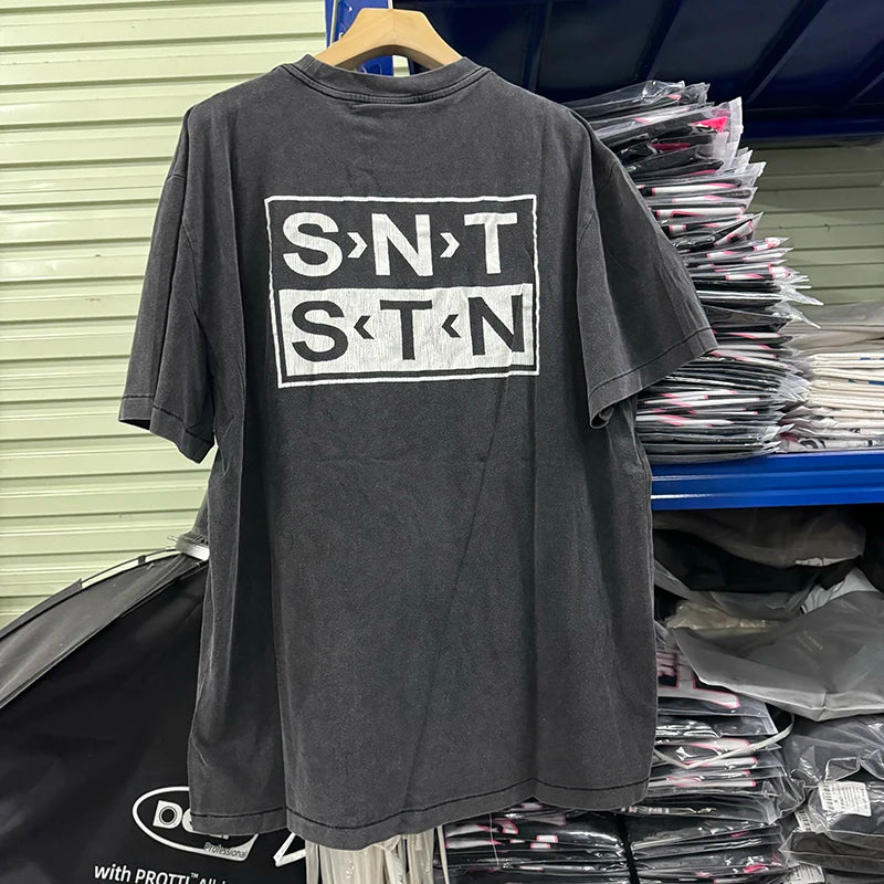 Casual Style Saint Classic Logo Oversized T Shirt High Quality Washed Black Men Vintage Tee