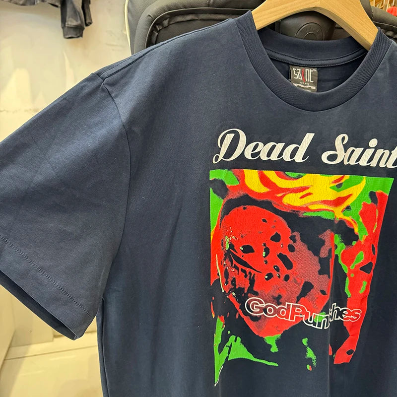 Streetwear Saint Retro Blue Gothic Graphic T Shirts High Quality Pure Cotton Short Sleeve