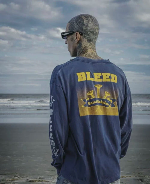 Autumn Retro Series Saint Three Inch Nail Blue Oversized T Shirt High Quality Cotton Men Women Fashion Long Sleeve Streetwear