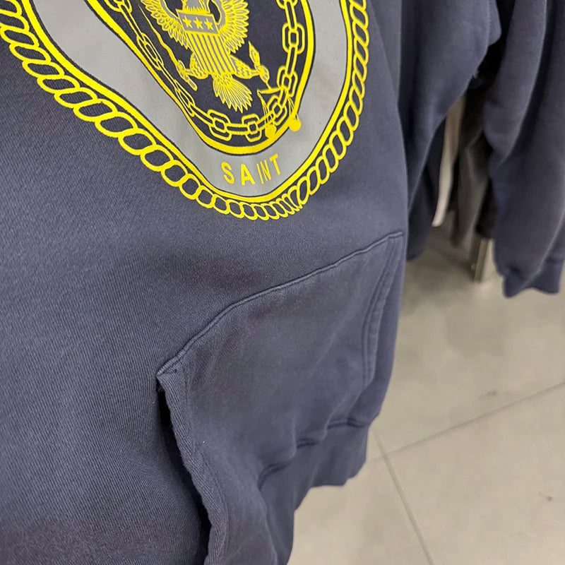 Retro Washed Saint High Quality Medal Print Blue Hoodies Pure Cotton Thicken Street Fashion Men Women Casual Suit