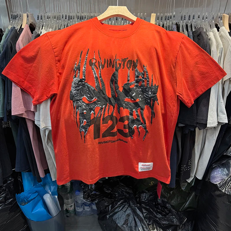 High Quality RRR123 Vintage Red Mens T Shirts X Letter Printed Summer Short Sleeve Streetwear