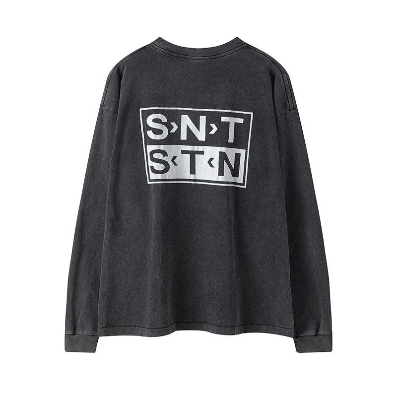 SAINT XXX STB Street Fashion Washed Distressed Letter Print American Style Vintage Casual Men Women Long Sleeve T-shirt