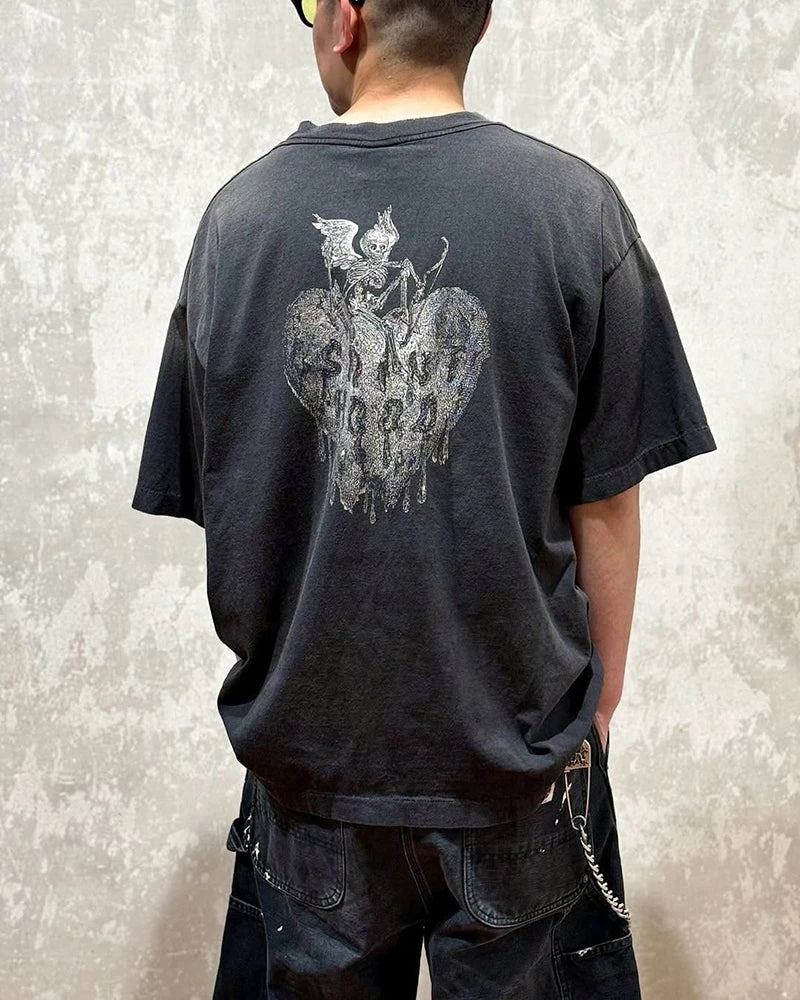 Street Fashion Saint Cotton Summer Plain Knit American Retro Short Sleeve Heart-shaped Print Skeleton T Shirts