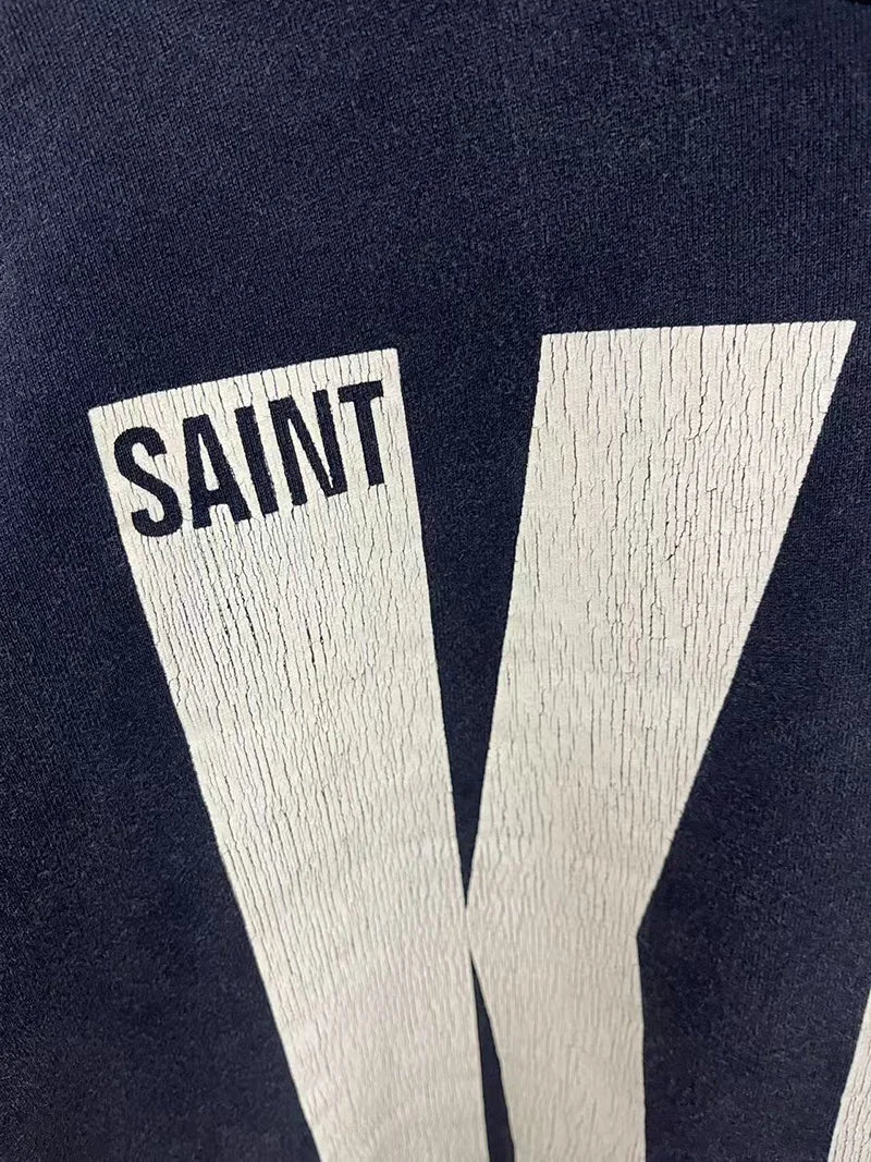 Best Quality Saint Washed White Print KLF Black Hoodies for Men Crack Pattern Trendy Street Pullover