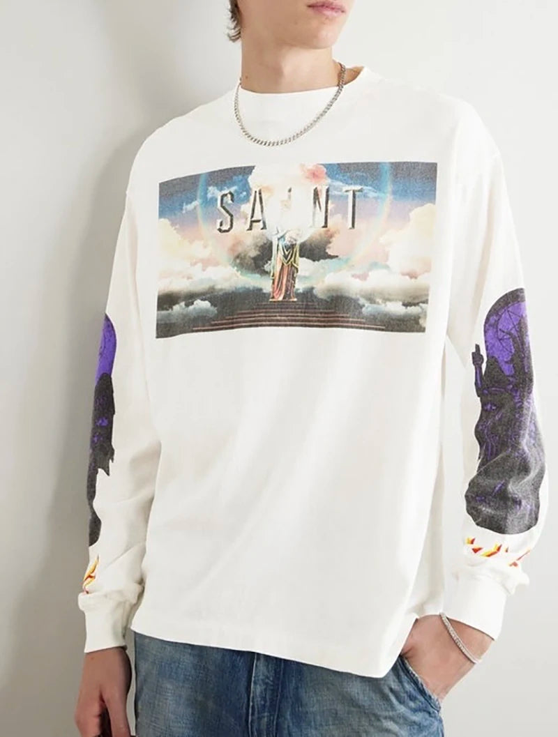 Vintage Casual SAINT Oversized T Shirt High Quality Pure Cotton Blue Sky Print Fashion Men Women Long Sleeve Tees