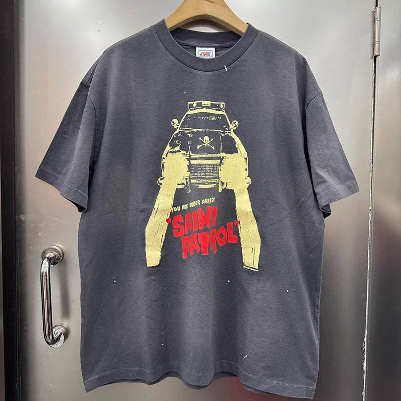 SAINT PATOROL Vintage Round Neck Oversized T Shirt Car Printed Skulls Logo High Street Casual Men Women Short Sleeve Streetwear