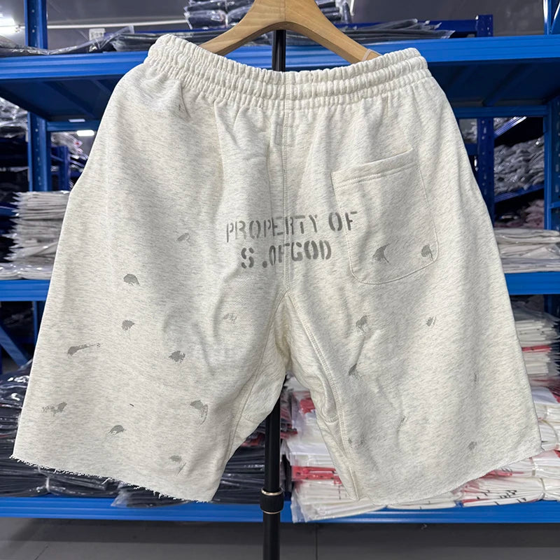 Washed Grey Saint V-shaped Pattern Summer Shorts Men Sport Fashion Terry Loose Streetwear