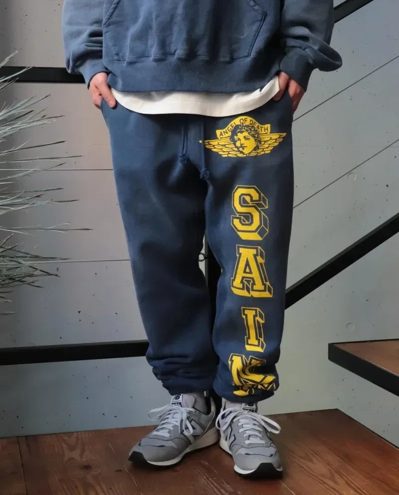 Winter Heavyweight Saint Angel Pattern Printing Blue Sports Pants High Street Casual Men Women 1:1 Fashion Sets Top Quality
