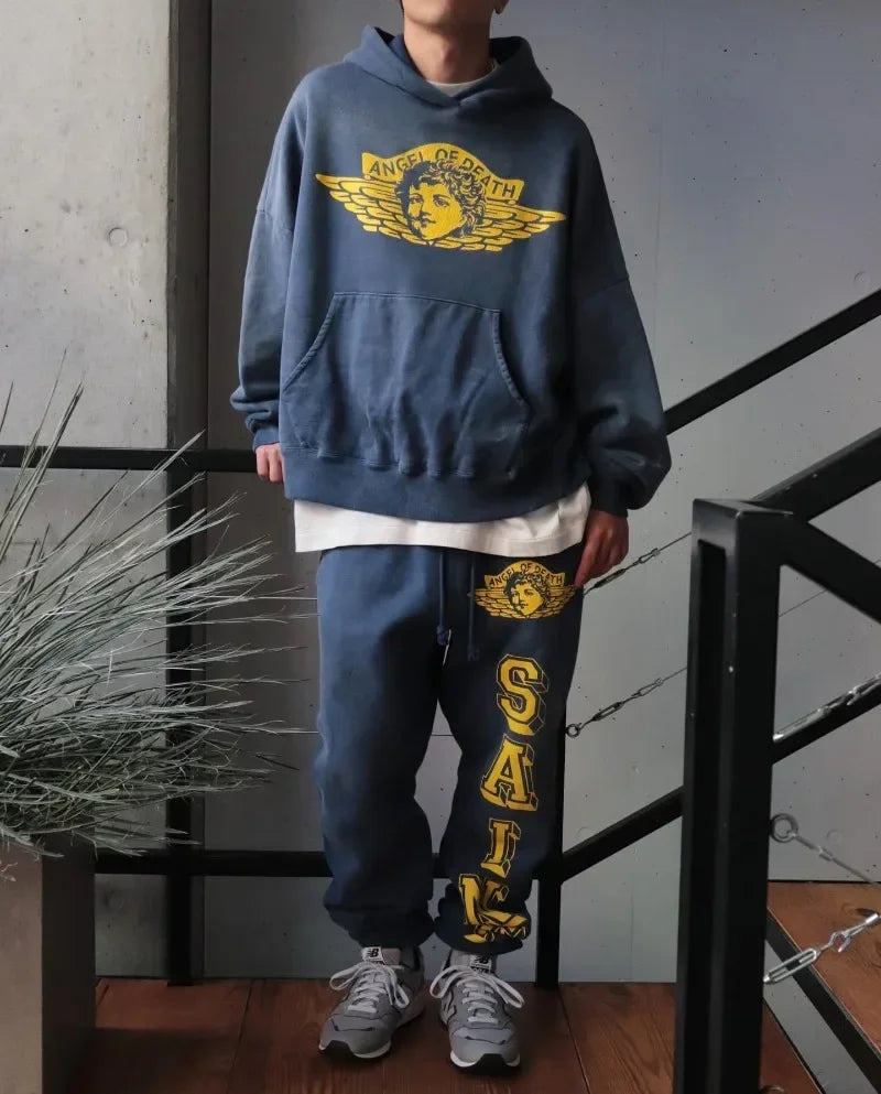 Winter Heavyweight Saint Angel Pattern Printing Blue Sports Pants High Street Casual Men Women 1:1 Fashion Sets Top Quality