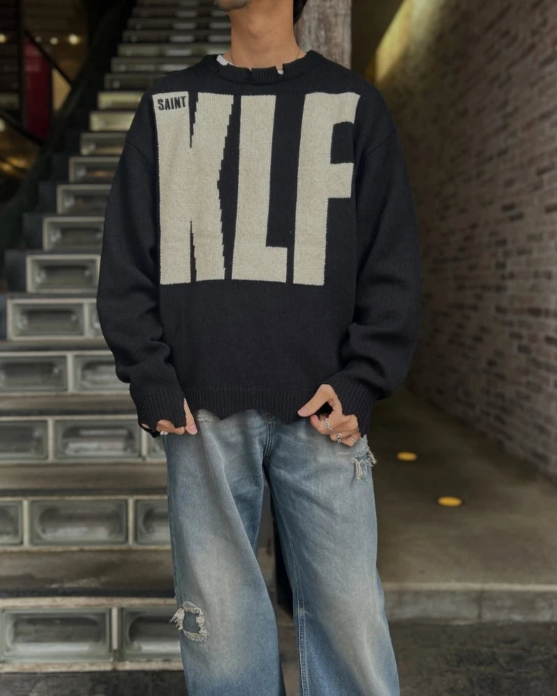 High Quality SAINT Winter Crewneck Wool Sweater KLF Letter Hole Series Casual Men Women 1:1 Fashion Pullovers
