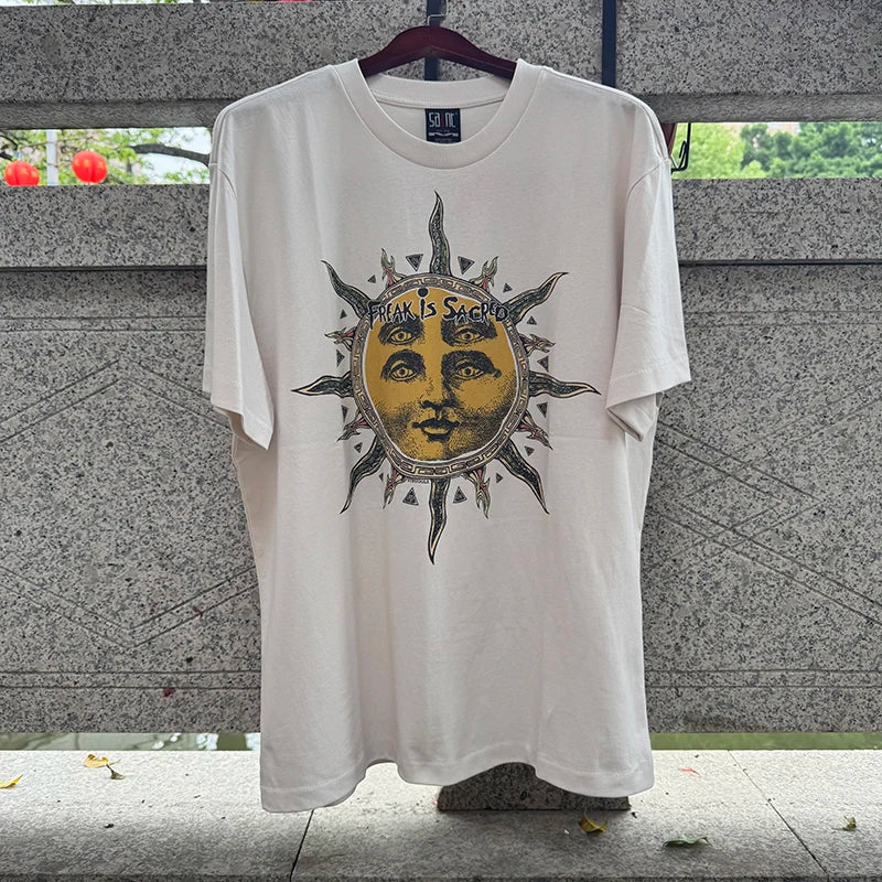 FLEA Letter Print Solar Disk Graphic T Shirts Summer Cotton Loose High Street Men Saint Popular Short Sleeve Tees