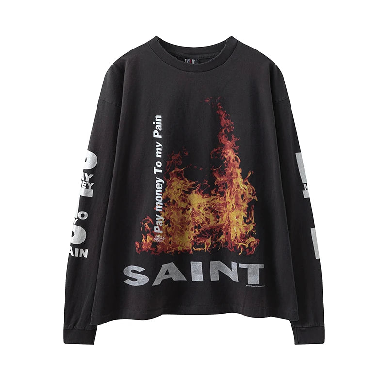 Fashion SAINT Loose Biscuit Print High Street Casual Men Women Vintage T Shirt Autumn and Winter Tops