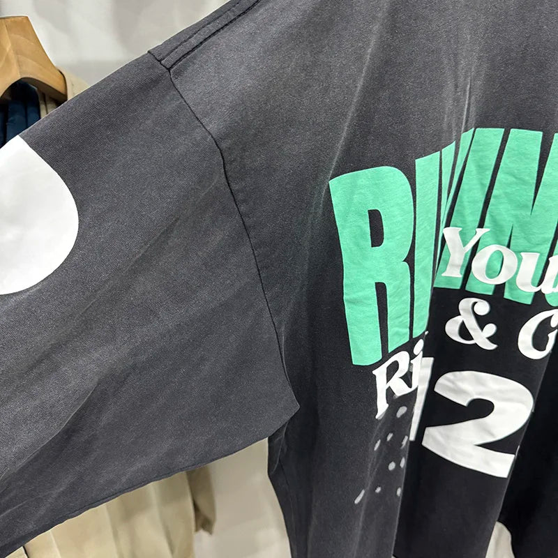 Best Quality RRR123 Graffiti Green Letters American Retro T Shirts for Men Autumn Cotton Street Fashion Long Sleeves Tees