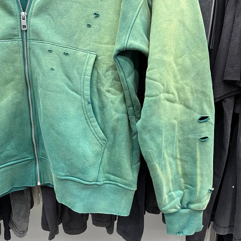 Retro Green Saint American Style Hole Men Women Hoodies Casual Fashion Zipper Winter Coat