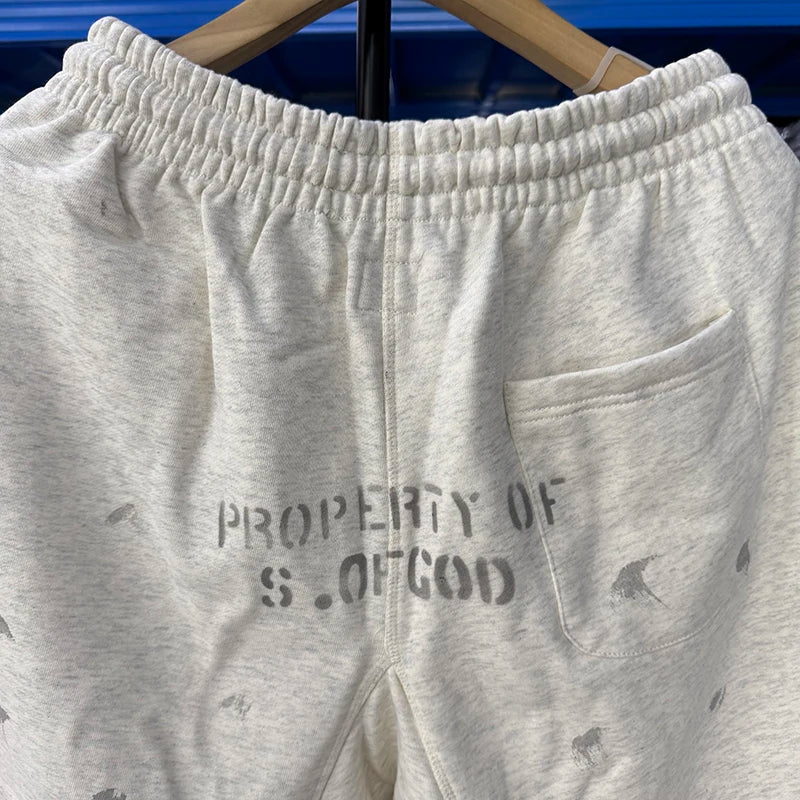 Washed Grey Saint V-shaped Pattern Summer Shorts Men Sport Fashion Terry Loose Streetwear